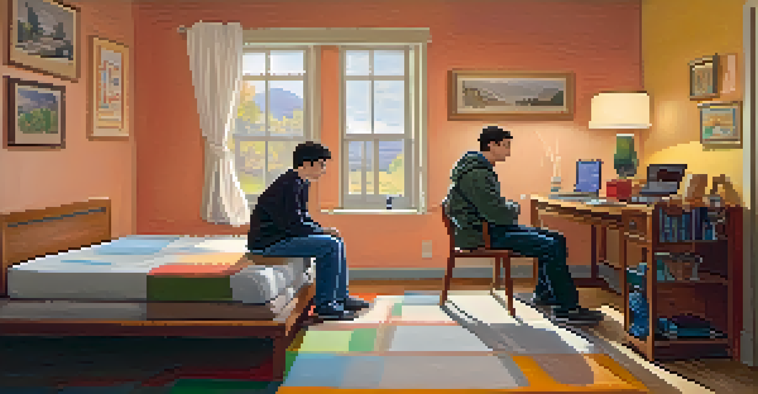 An autistic individual role-playing assertive communication with a friend in a cozy room, surrounded by visual aids.
