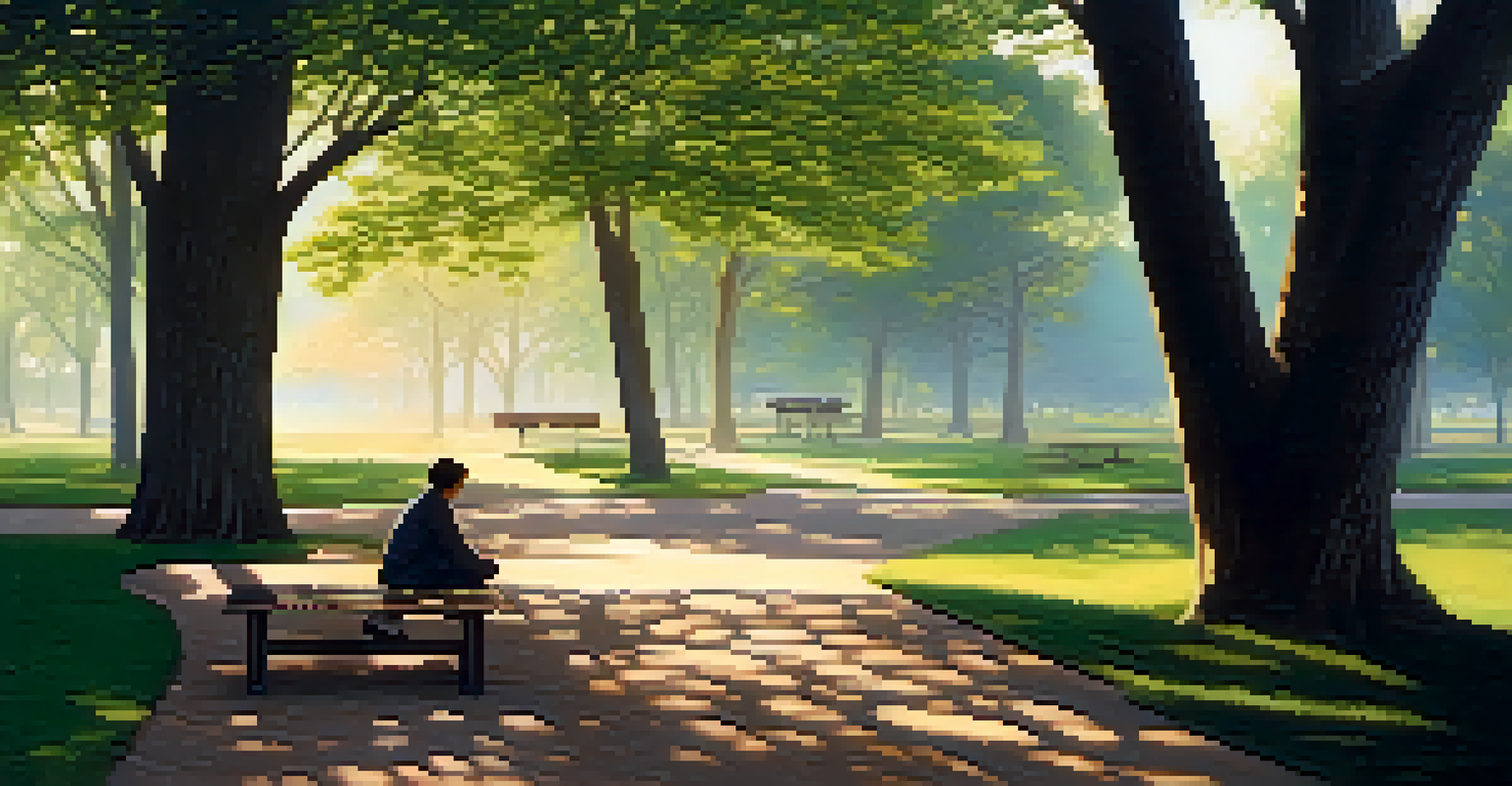 A park scene showing a person using a tree as a shield while maneuvering around natural obstacles, with sunlight filtering through the leaves.