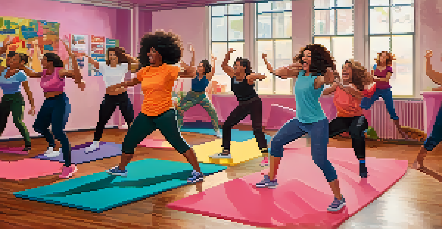 A group of women celebrating and supporting each other in a self-defense workshop, showcasing community spirit.