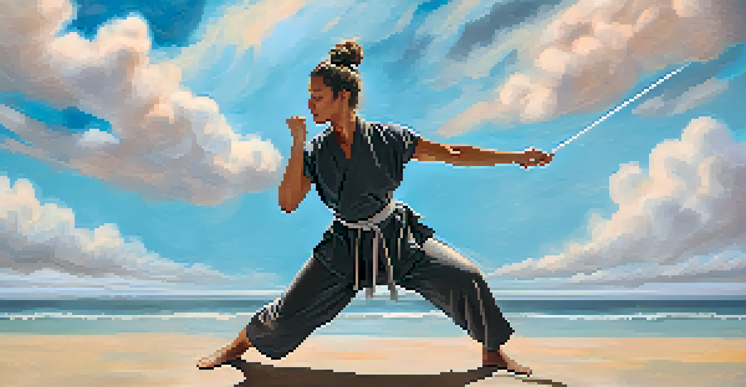 An illustration of a self-defense practitioner in motion, surrounded by abstract clouds, symbolizing mindfulness.