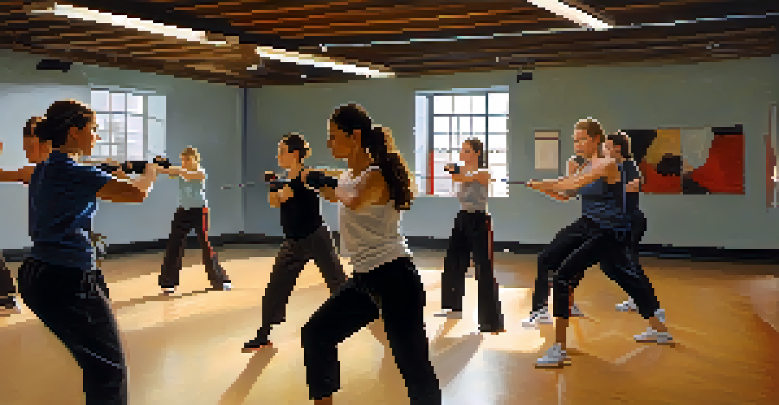 A self-defense class for women, with participants practicing techniques in a bright, mirrored studio under warm lighting.