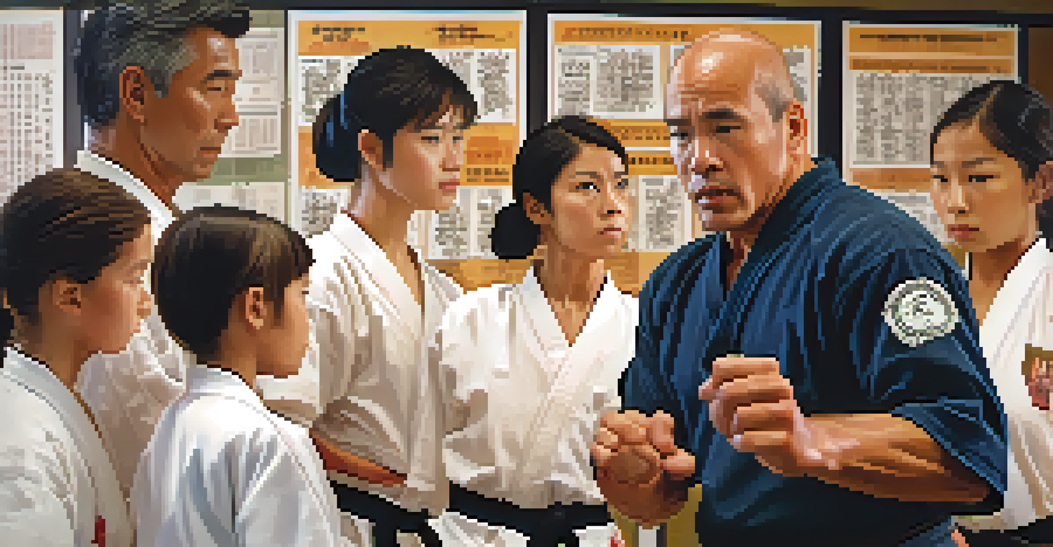 A self-defense instructor demonstrating a technique to students in a dojo, with motivational safety posters in the background.