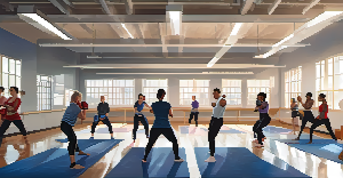 A diverse group of people practicing self-defense techniques in a bright gym, showcasing various ages and ethnicities.