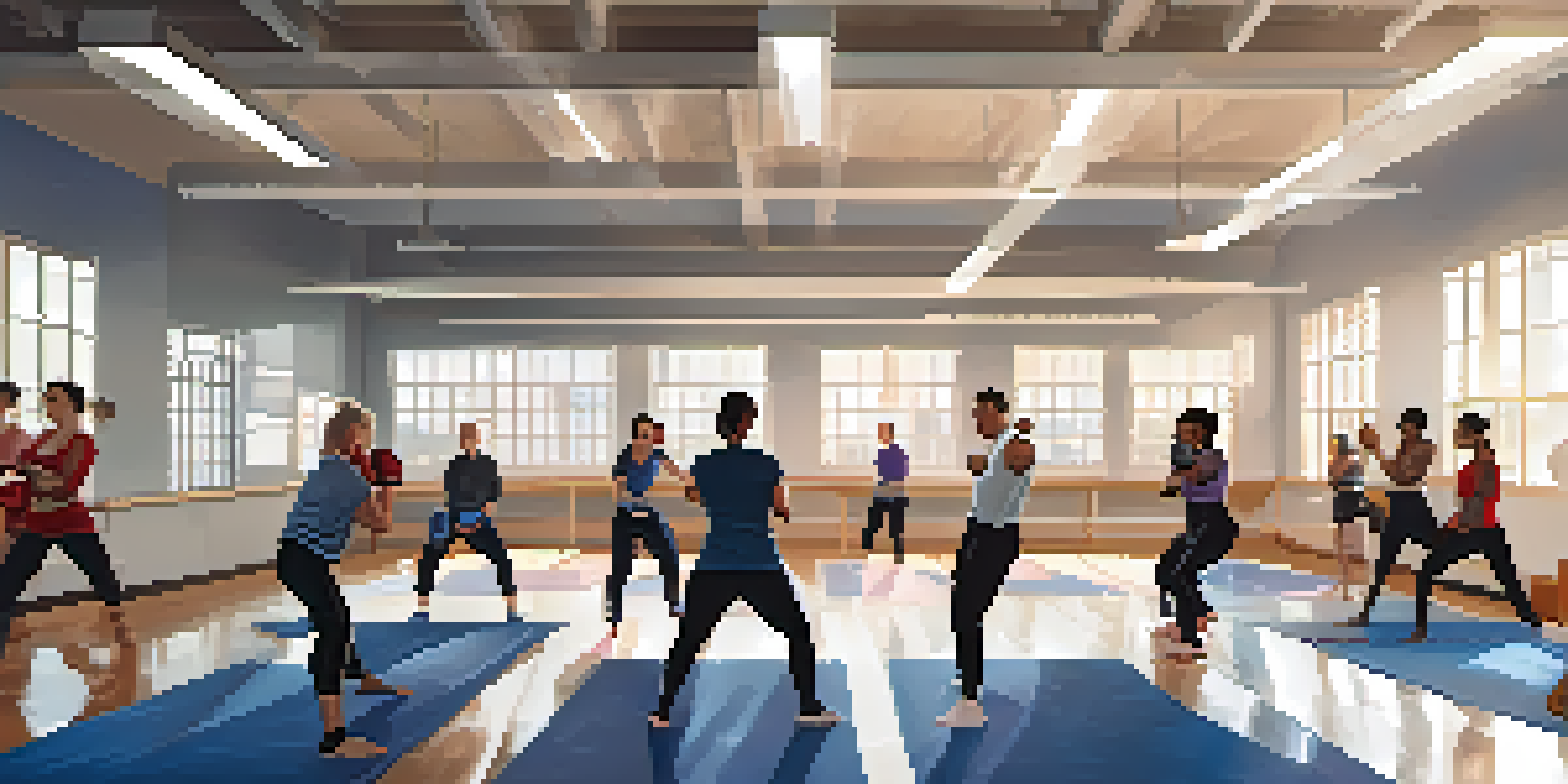 A diverse group of people practicing self-defense techniques in a bright gym, showcasing various ages and ethnicities.