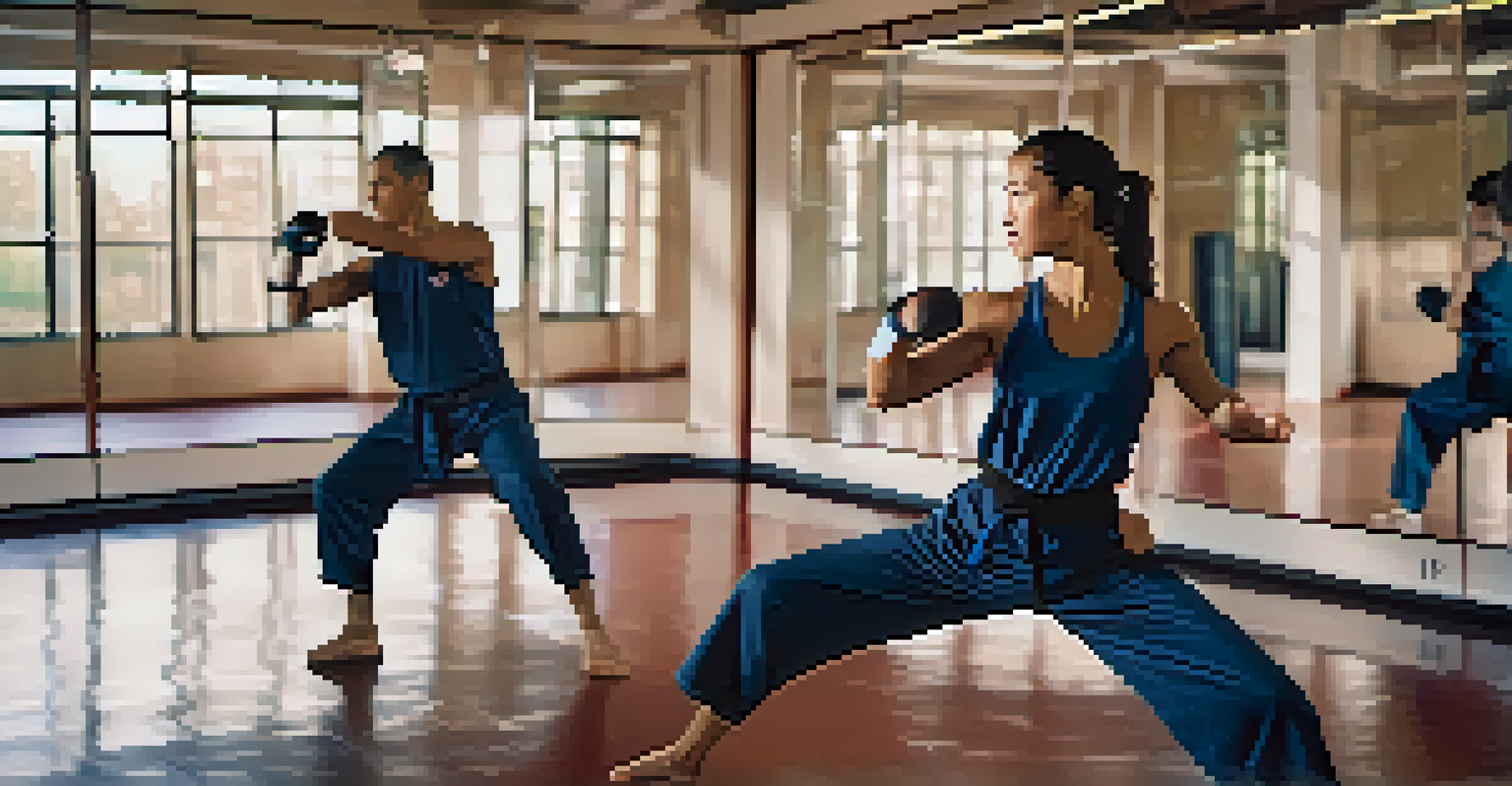 A person practicing self-defense techniques in a training studio, showing determination and focus.
