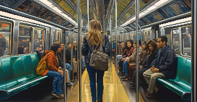 A busy subway train interior with diverse passengers, highlighting a confident woman standing tall and aware of her surroundings.