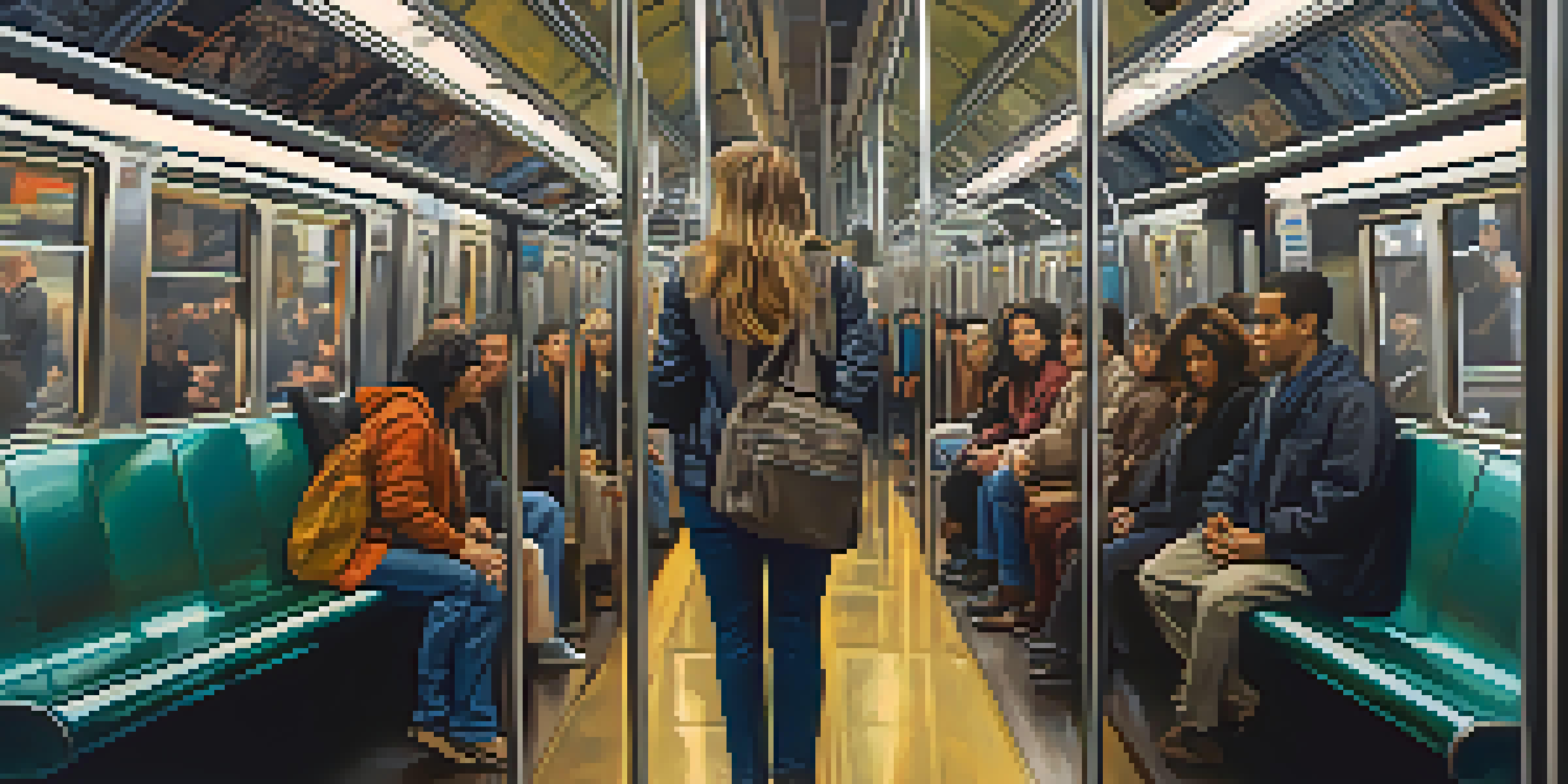 A busy subway train interior with diverse passengers, highlighting a confident woman standing tall and aware of her surroundings.