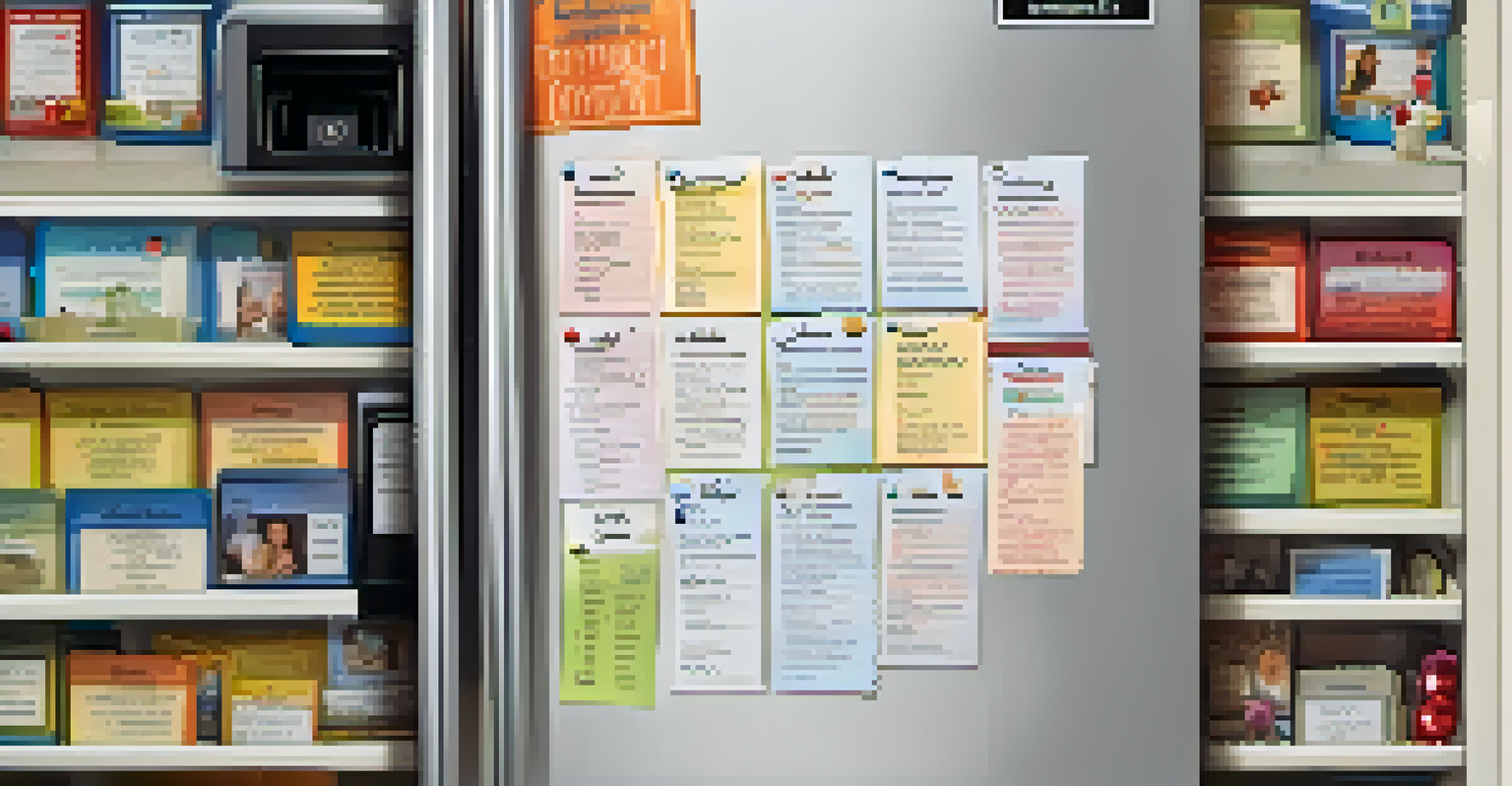 An organized emergency contact list on a refrigerator door, surrounded by colorful magnets and family photos.