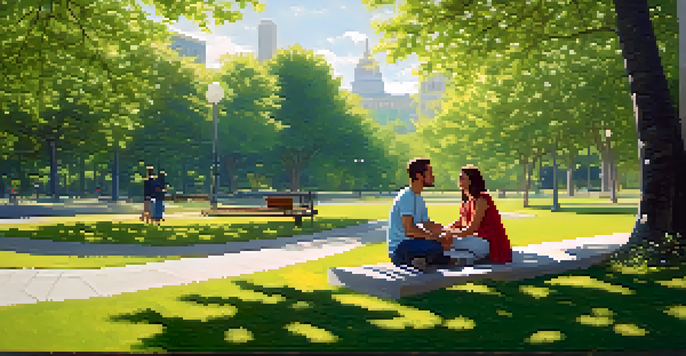 Two individuals having a calm conversation in a serene park, surrounded by greenery and flowers, with sunlight filtering through the trees.