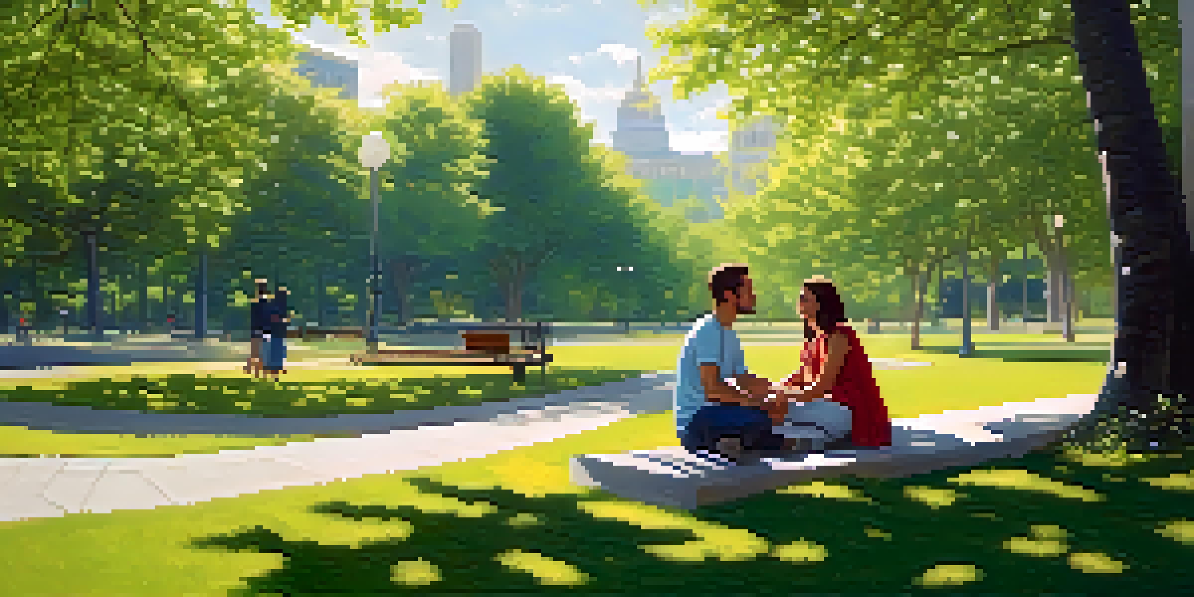 Two individuals having a calm conversation in a serene park, surrounded by greenery and flowers, with sunlight filtering through the trees.