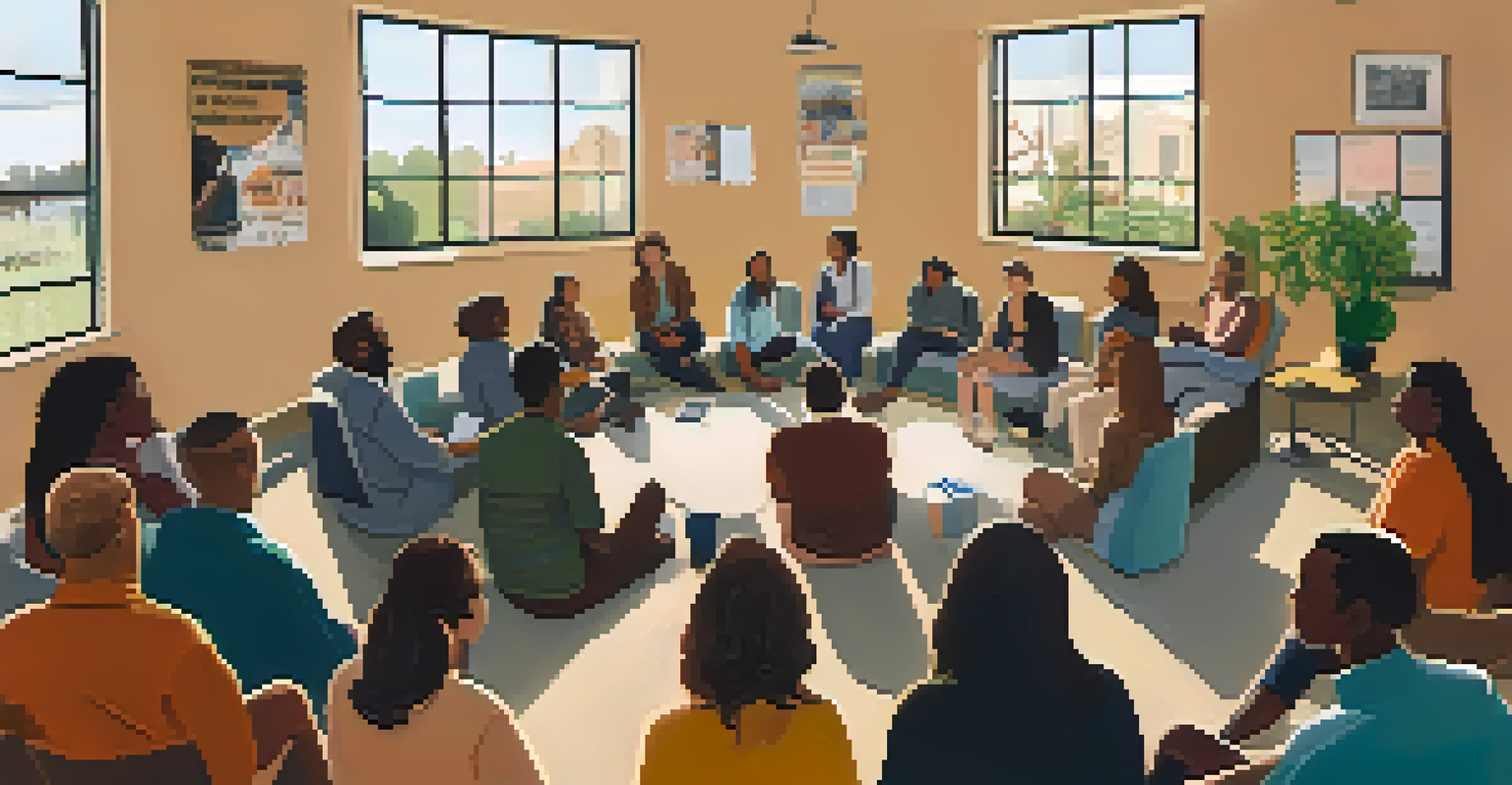 A group of people in a community meeting discussing mental health, seated in a circle with supportive expressions in a well-lit room.