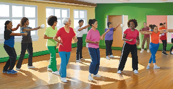 A diverse group of people in a community center learning self-defense techniques from an instructor.