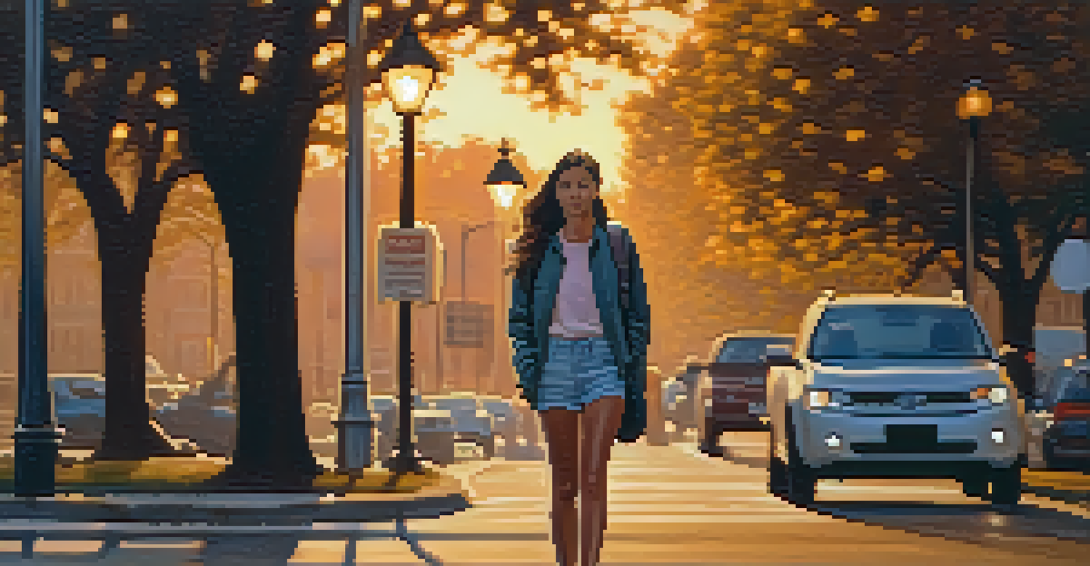 A young woman walking alone at dusk with a personal safety alarm on her keychain, surrounded by illuminated street lamps.