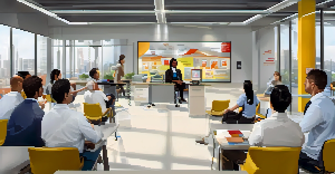A diverse group of employees participating in a safety training session in a well-lit modern office, with a trainer demonstrating safety protocols.