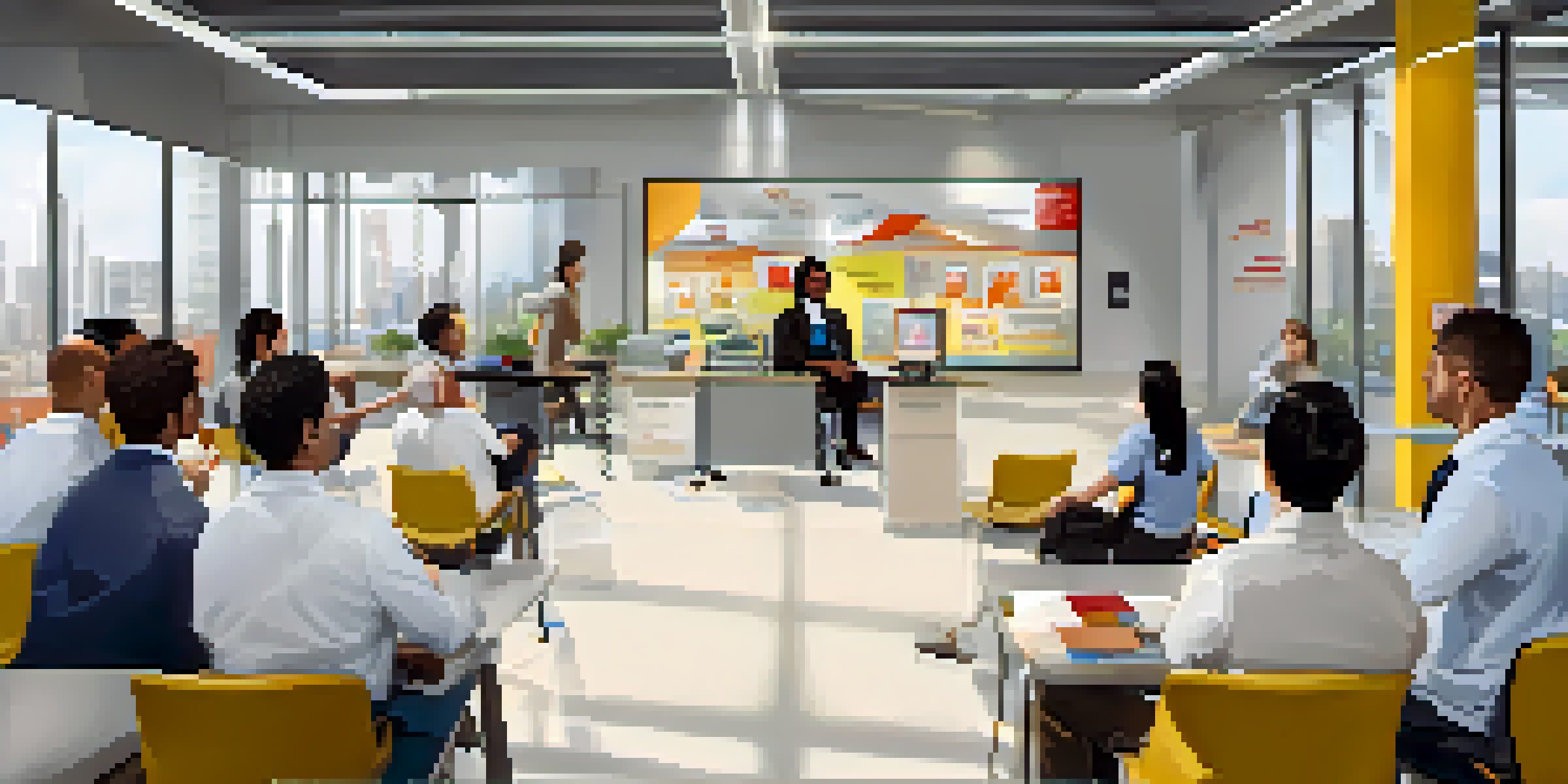A diverse group of employees participating in a safety training session in a well-lit modern office, with a trainer demonstrating safety protocols.