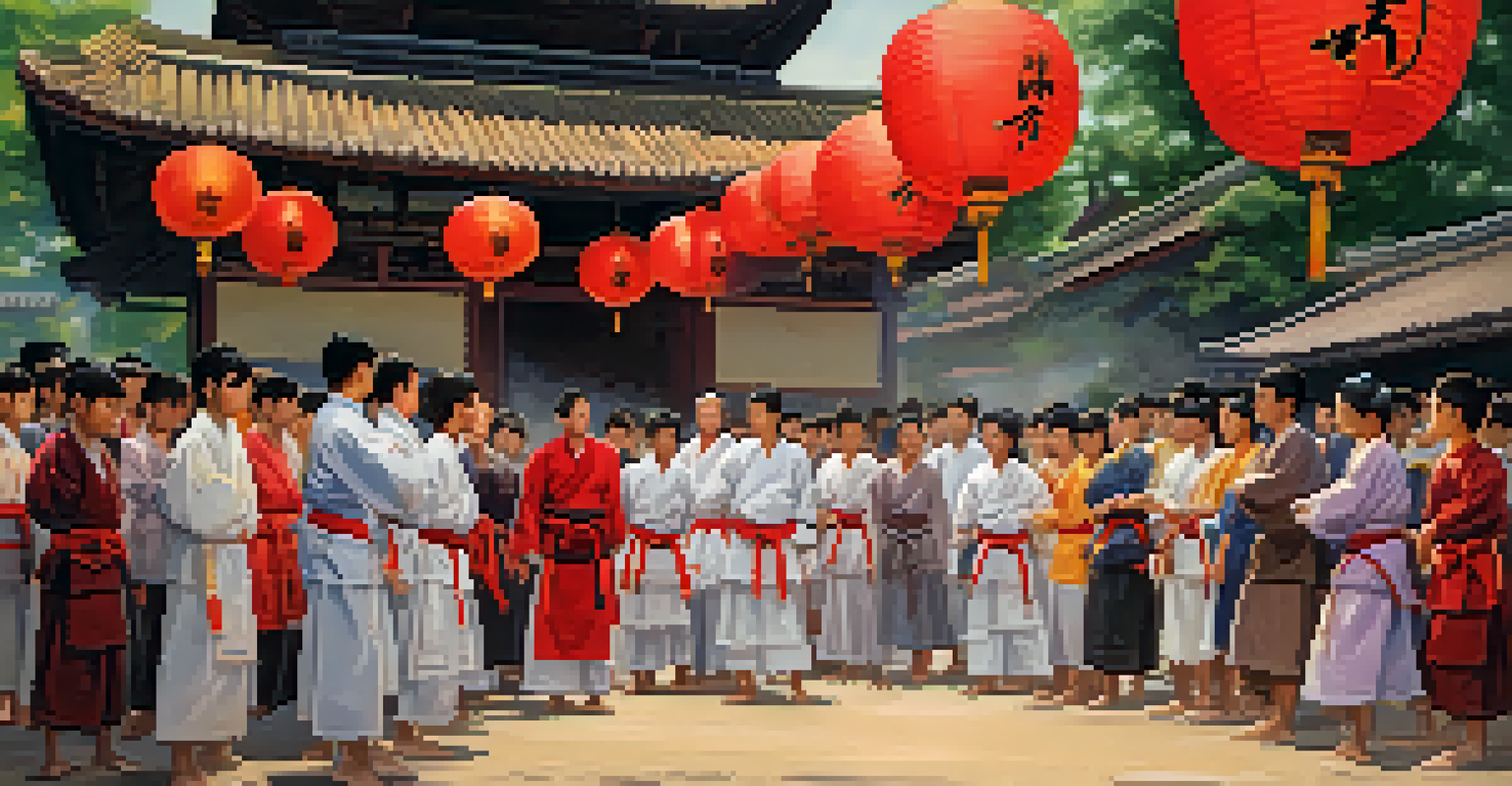 Children participating in a self-defense workshop at a vibrant outdoor martial arts festival, surrounded by spectators and colorful decorations.