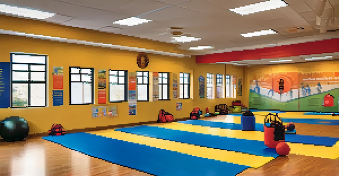 A vibrant self-defense training room for children with soft mats and colorful equipment, where kids are practicing techniques under the guidance of a supportive instructor.