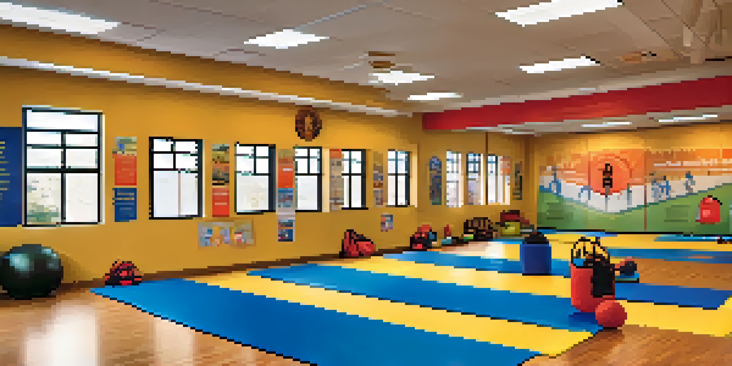 A vibrant self-defense training room for children with soft mats and colorful equipment, where kids are practicing techniques under the guidance of a supportive instructor.