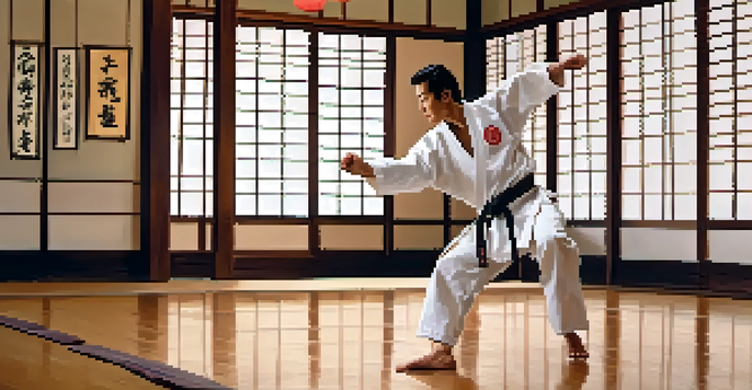 A person performing a front kick in a karate dojo, surrounded by traditional decor and warm lighting.