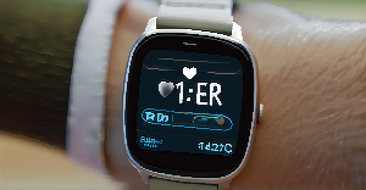 A close-up of a smartwatch on a senior's wrist, showing health monitoring features and a fall detection alert.