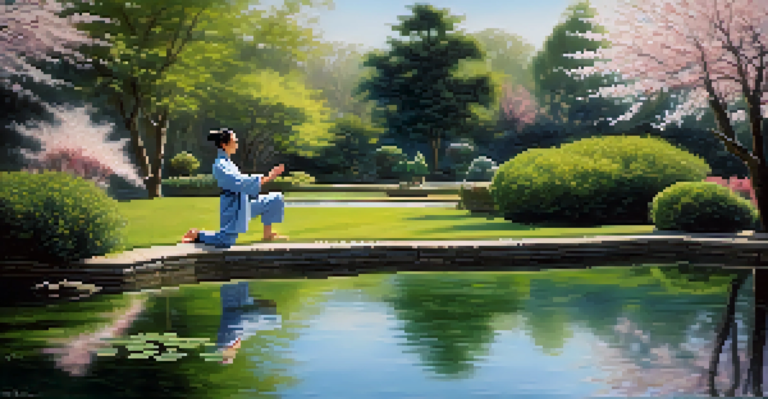 A person practicing Tai Chi in a peaceful garden surrounded by greenery and cherry blossom trees.