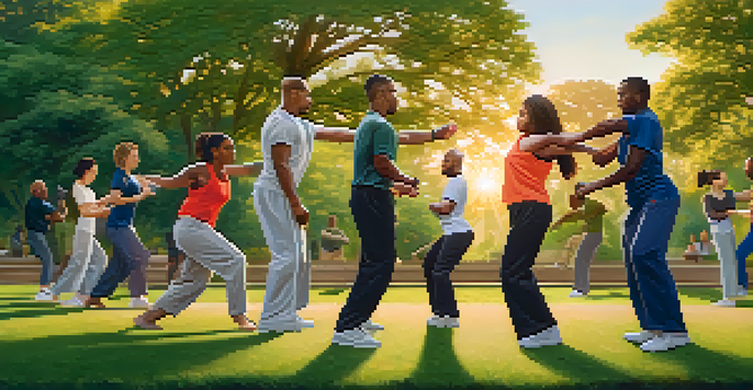 A group of diverse individuals practicing self-defense in a park at sunset, with warm light and greenery around them.