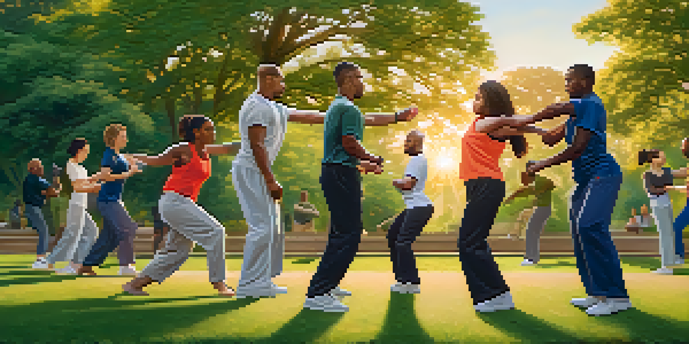 A group of diverse individuals practicing self-defense in a park at sunset, with warm light and greenery around them.