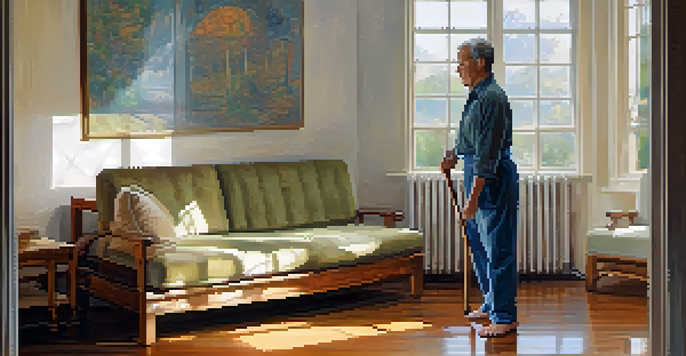 A person with limited mobility practicing self-defense techniques with a cane in a well-lit indoor setting, surrounded by furniture.