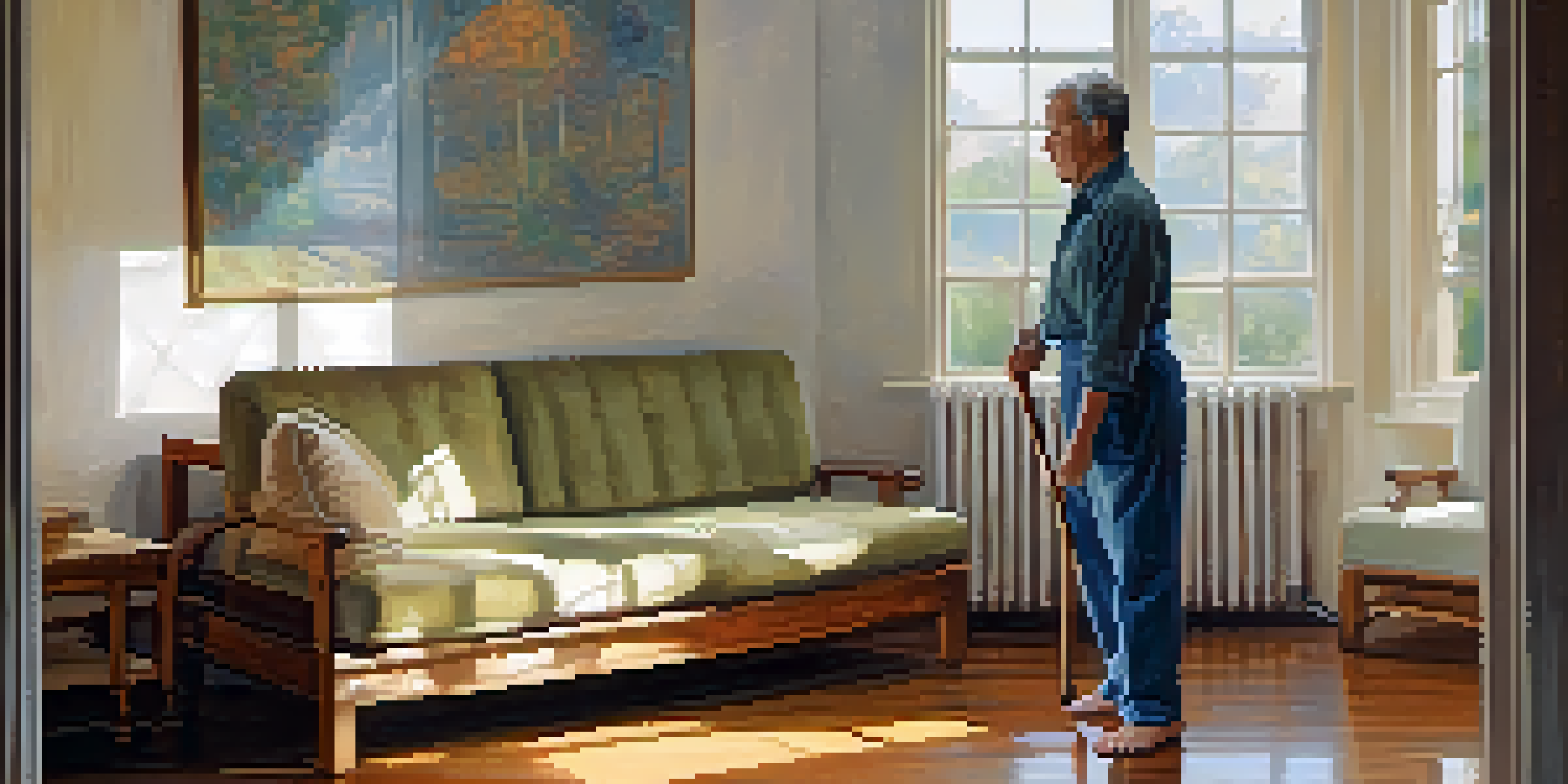 A person with limited mobility practicing self-defense techniques with a cane in a well-lit indoor setting, surrounded by furniture.