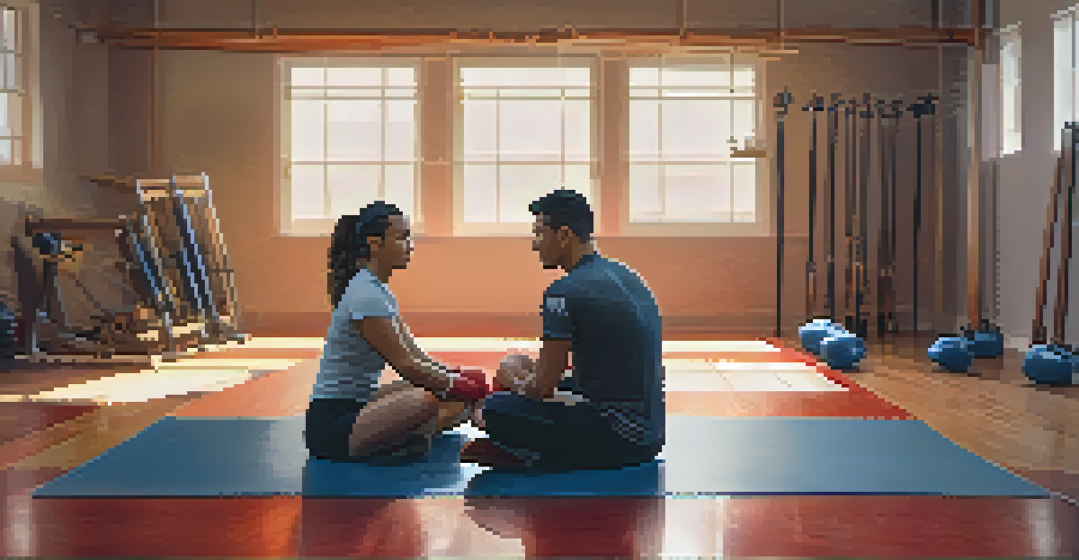 A couple sitting on a mat, engaged in a heartfelt discussion about their self-defense training.