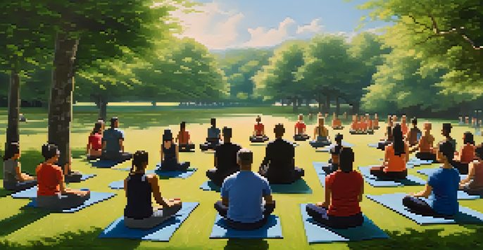 A diverse group of individuals practicing mindfulness techniques in a serene park, focusing on deep breathing and meditation under warm sunlight.