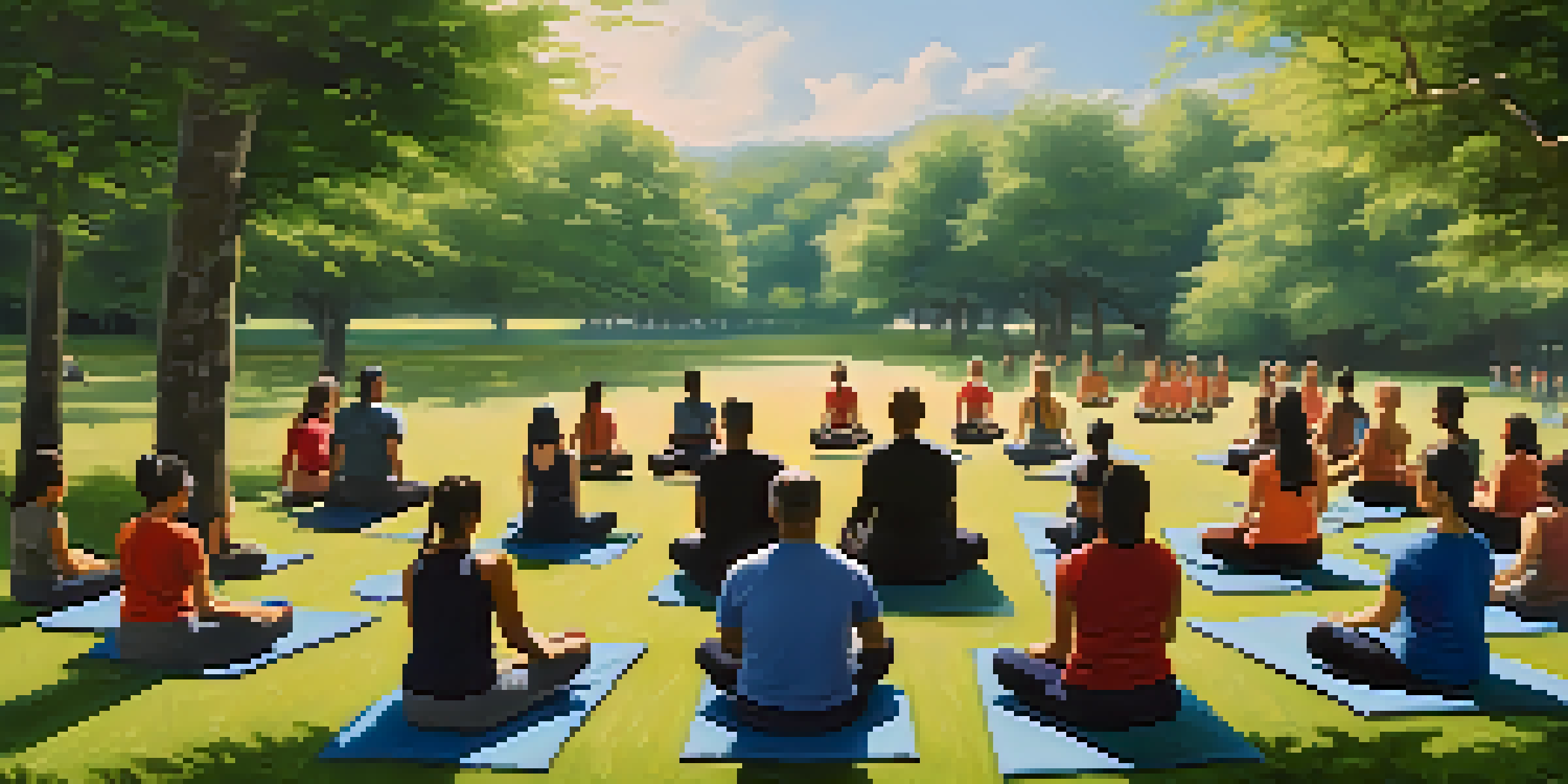 A diverse group of individuals practicing mindfulness techniques in a serene park, focusing on deep breathing and meditation under warm sunlight.
