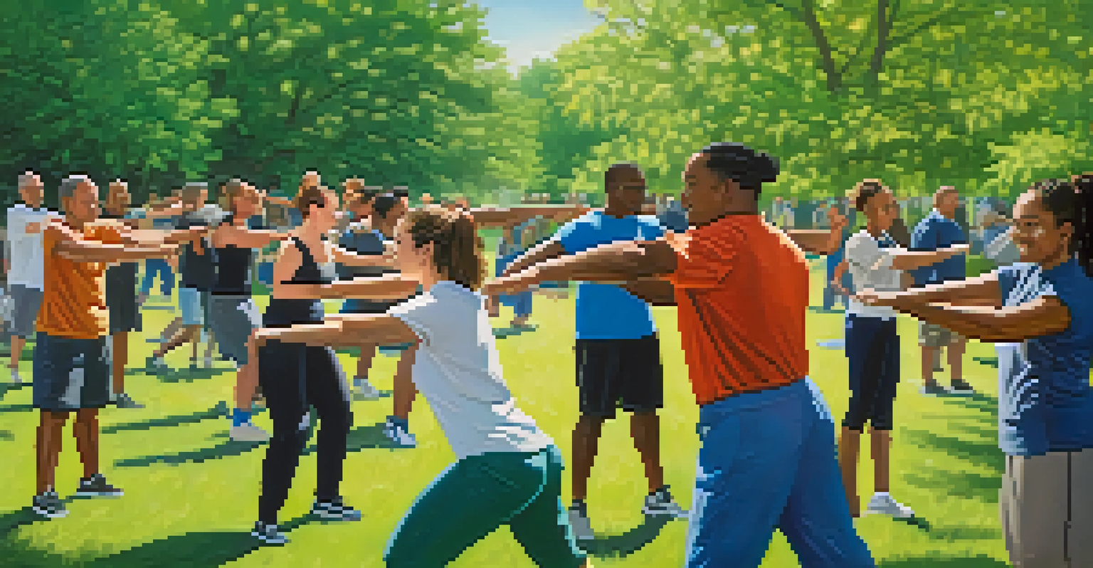 A vibrant outdoor self-defense workshop in a park, with participants practicing techniques and enjoying a sense of community.