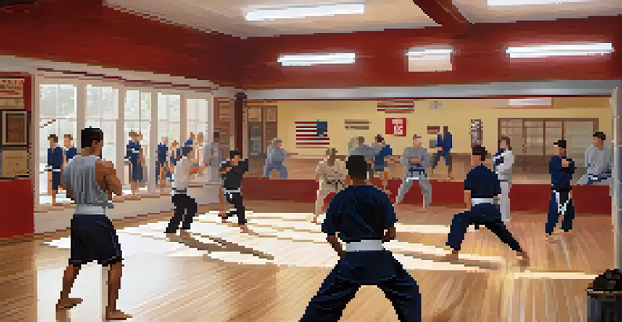 A diverse group of people practicing self-defense techniques in a bright dojo, featuring wooden floors and mirrors, with motivational posters on the walls.