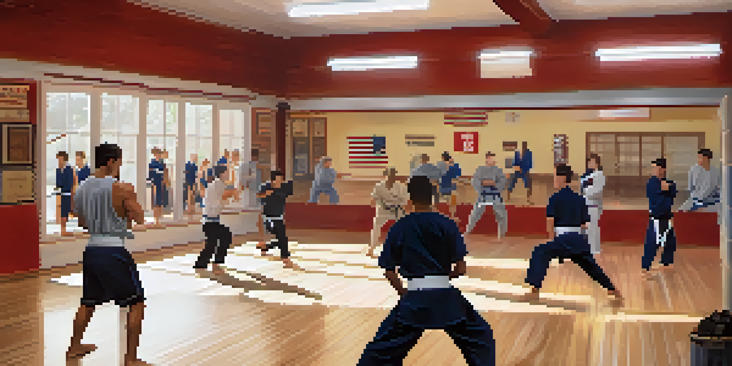 A diverse group of people practicing self-defense techniques in a bright dojo, featuring wooden floors and mirrors, with motivational posters on the walls.