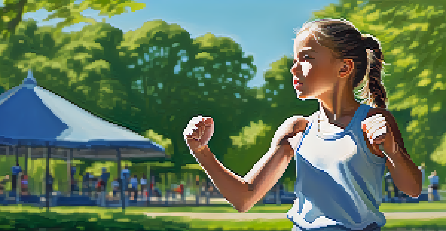 Close-up of a confident young girl practicing self-defense in a sunny park.