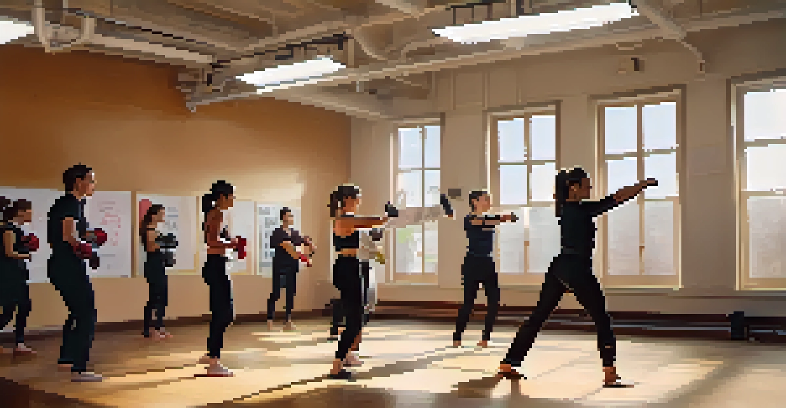 A female instructor teaching self-defense techniques to a small group of students in a bright, welcoming indoor setting.