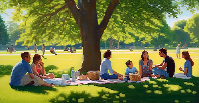 A bright park scene with people having peaceful conversations and a family enjoying a picnic under the trees.