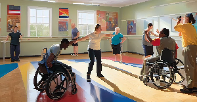 A group of individuals with diverse disabilities engaged in self-defense training in a community center, showcasing inclusivity and empowerment.