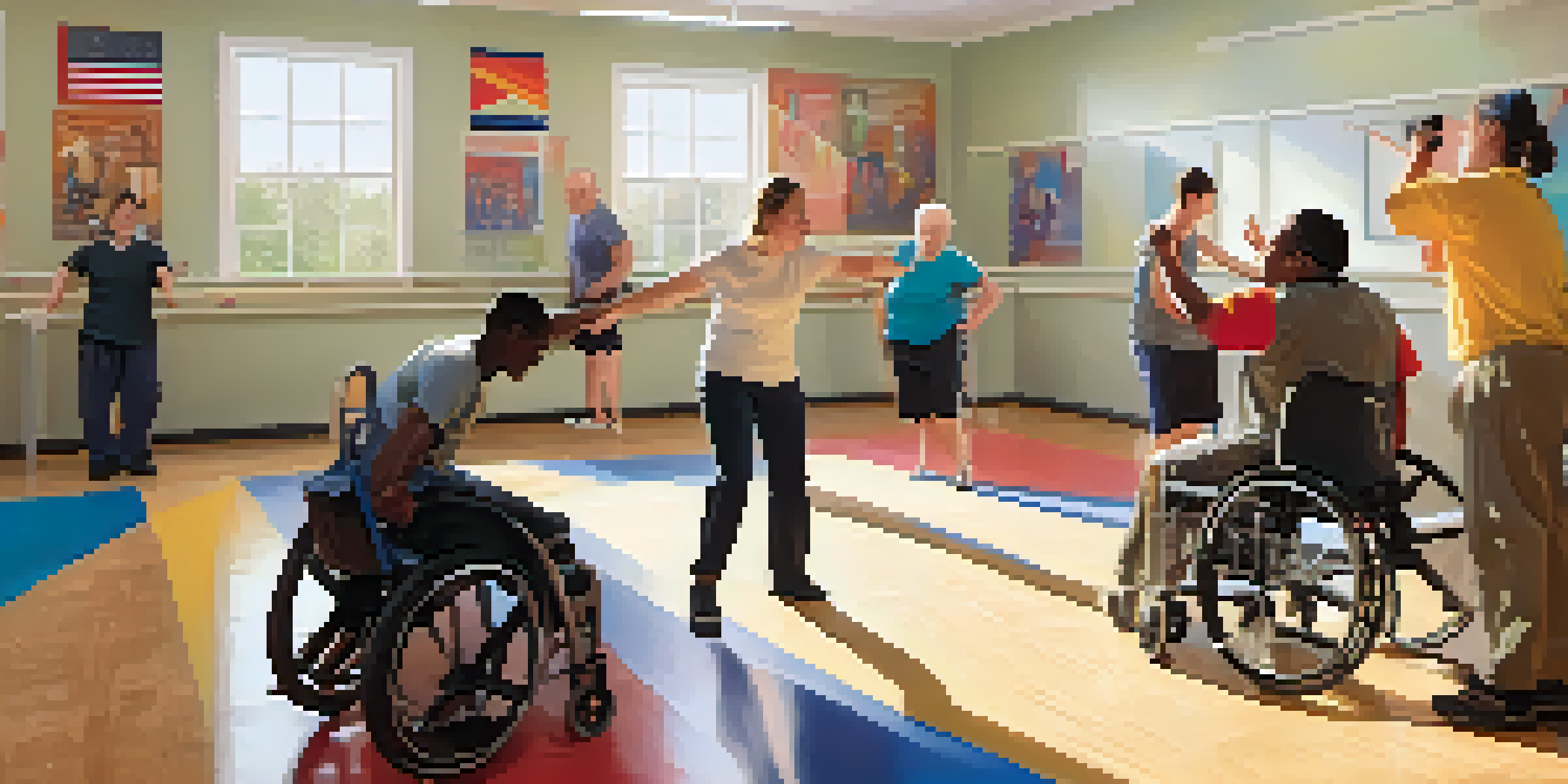 A group of individuals with diverse disabilities engaged in self-defense training in a community center, showcasing inclusivity and empowerment.