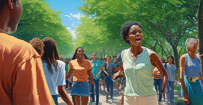 A public park scene showing a woman intervening in a confrontation while a young adult assists a victim, with trees and a blue sky in the background.