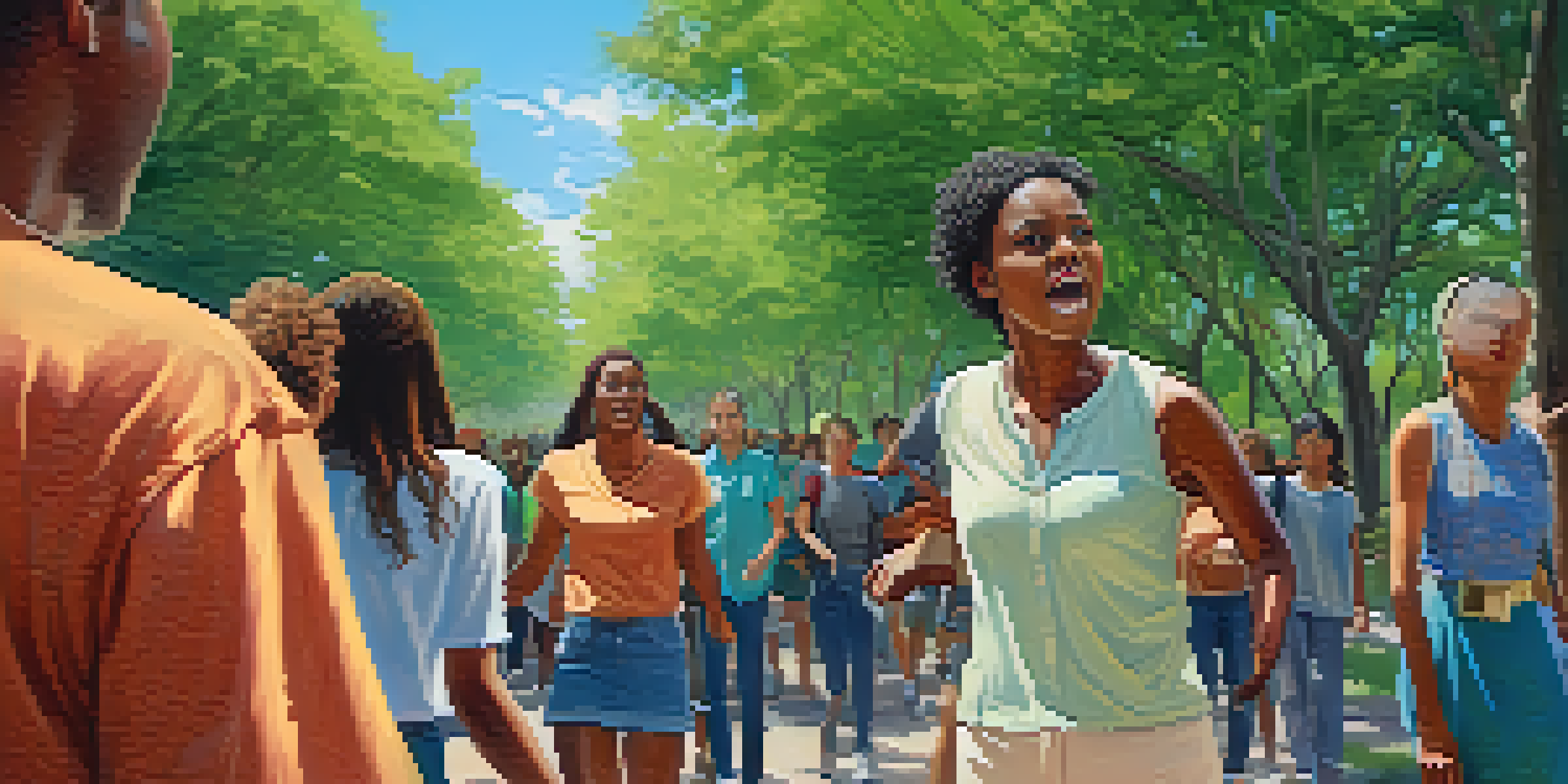 A public park scene showing a woman intervening in a confrontation while a young adult assists a victim, with trees and a blue sky in the background.