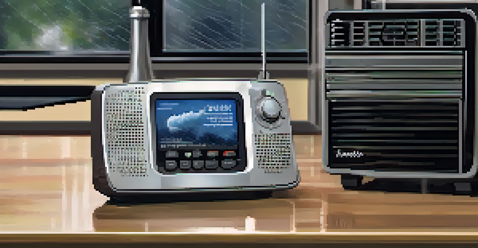 A weather radio on a kitchen counter displaying tornado alerts, with rain and dark clouds visible through a window.