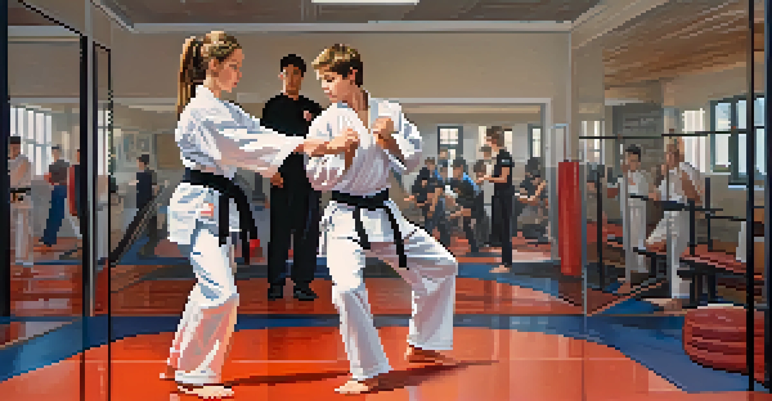 A teenager practicing advanced self-defense techniques with a partner in a well-lit gym.
