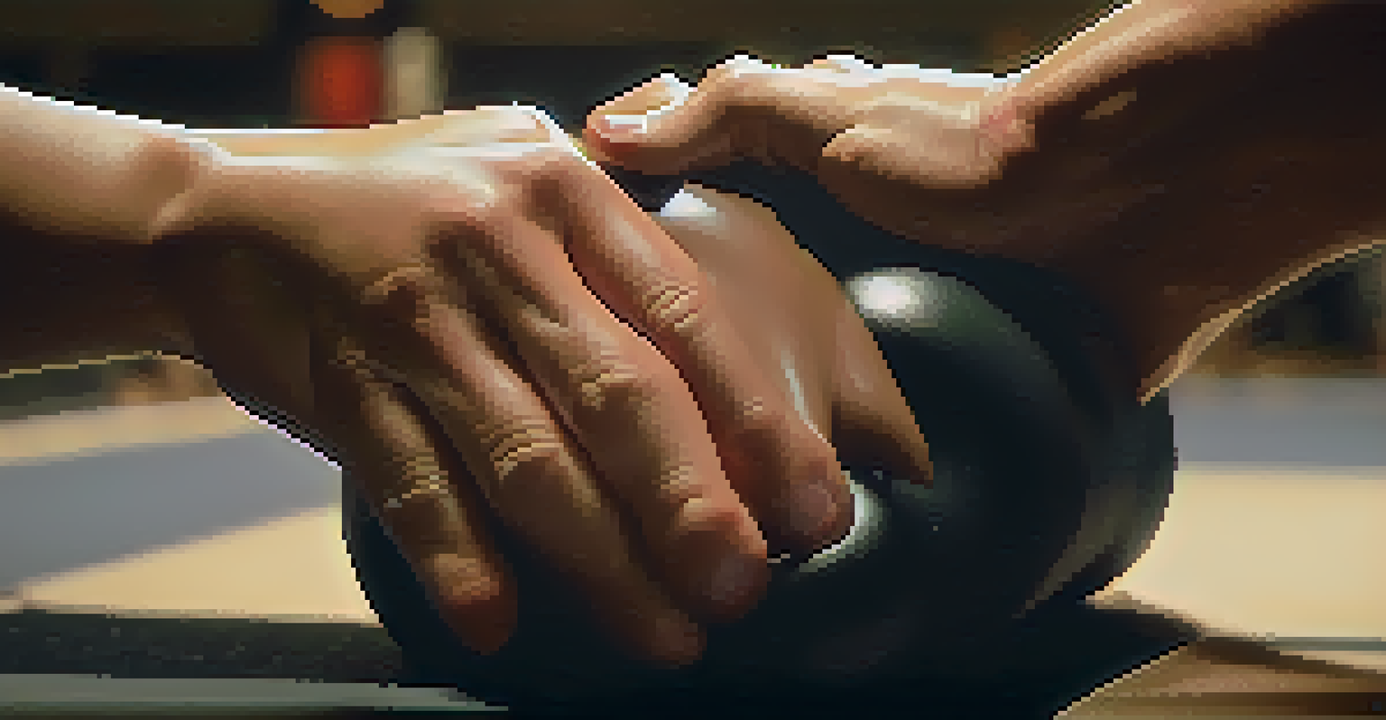 A close-up of a person's hands practicing self-defense techniques on a training dummy, emphasizing focus and practice in a softly lit studio.