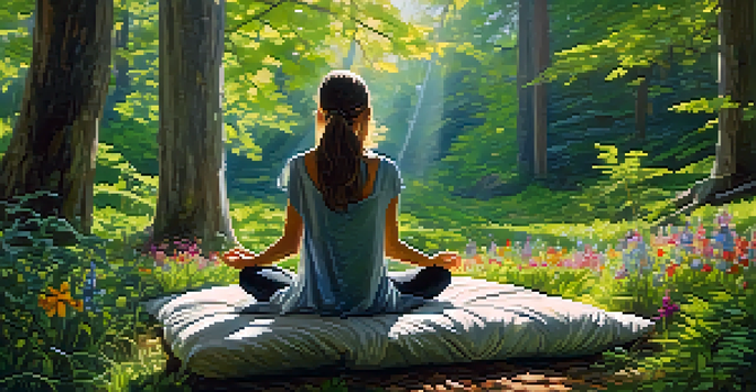 A person meditating in a peaceful forest, surrounded by greenery and sunlight filtering through the trees.