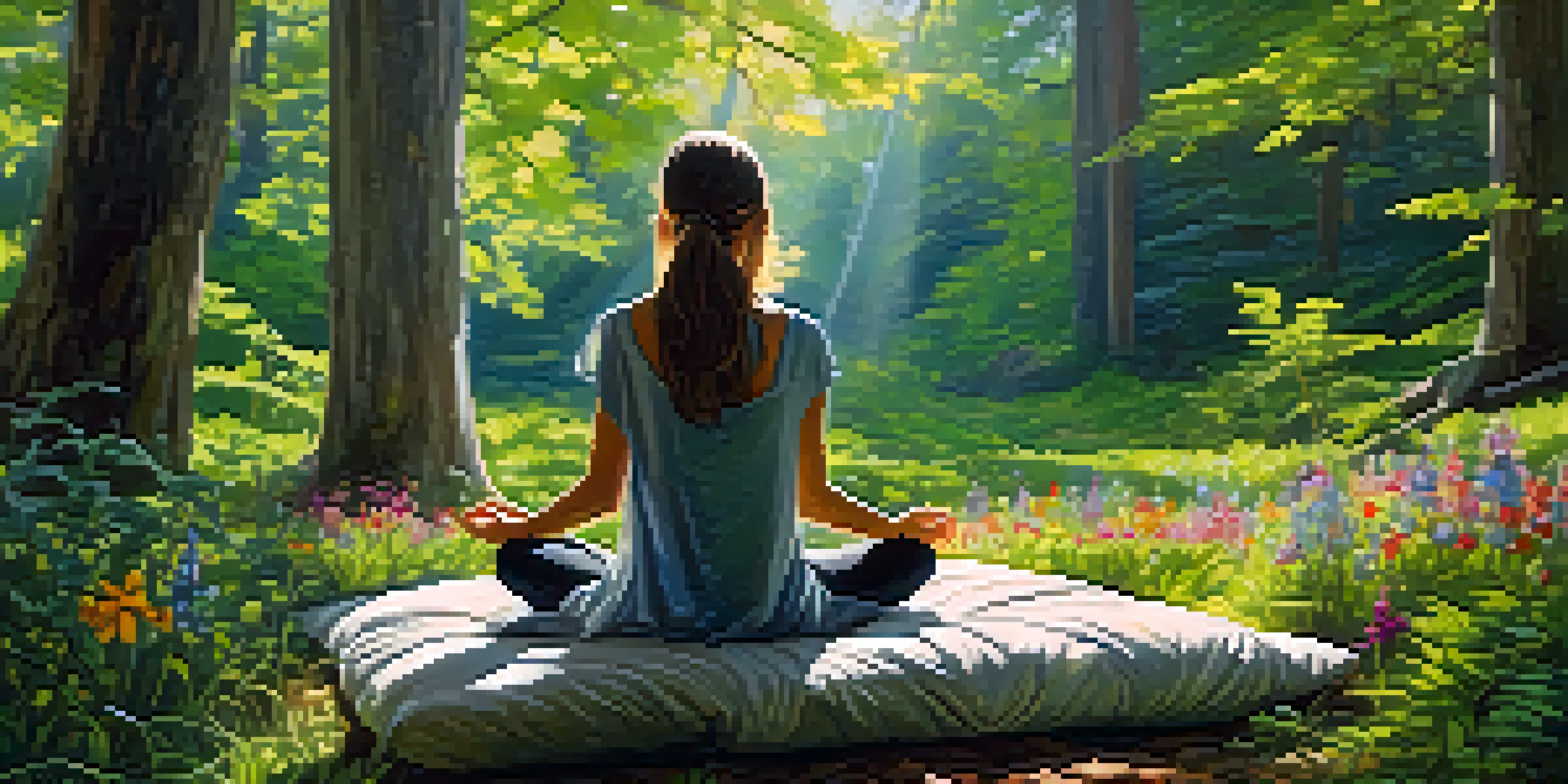 A person meditating in a peaceful forest, surrounded by greenery and sunlight filtering through the trees.