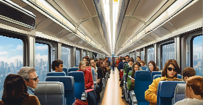 A crowded train interior showing passengers maintaining personal space, with warm natural lighting and diverse individuals engaged in various activities.