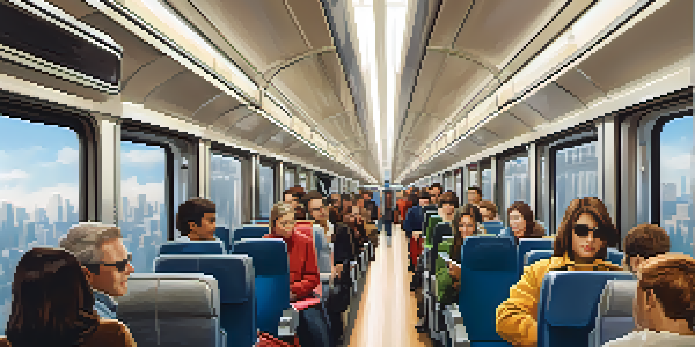 A crowded train interior showing passengers maintaining personal space, with warm natural lighting and diverse individuals engaged in various activities.