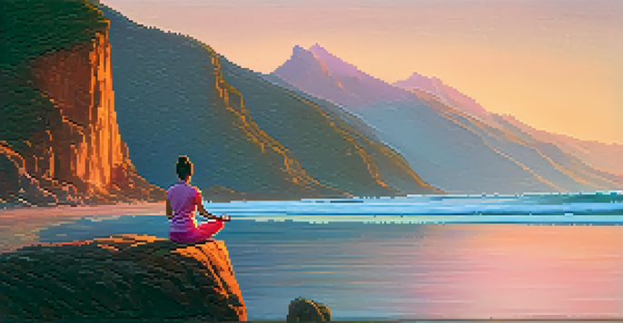 A person practicing yoga on a cliff at sunrise, surrounded by mountains and a calm sea, conveying a sense of peace and resilience.